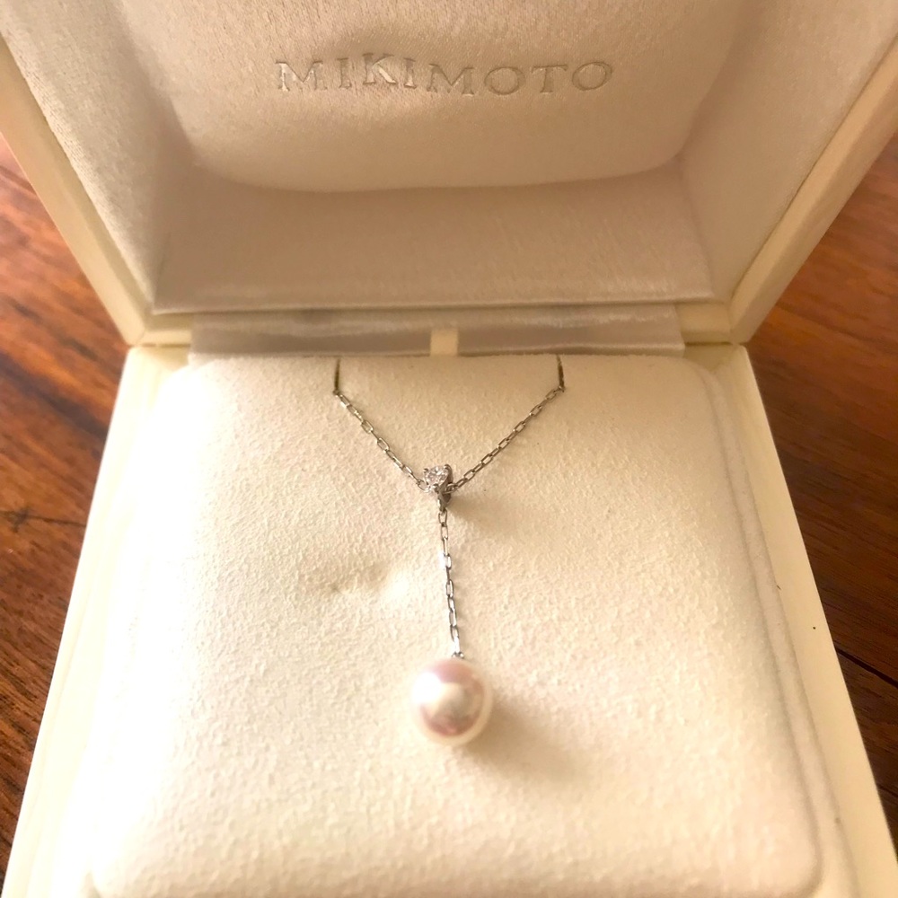 Mikimoto Akoya Cultured Pearl and Diamond Drop Pendant in 18K White Gold